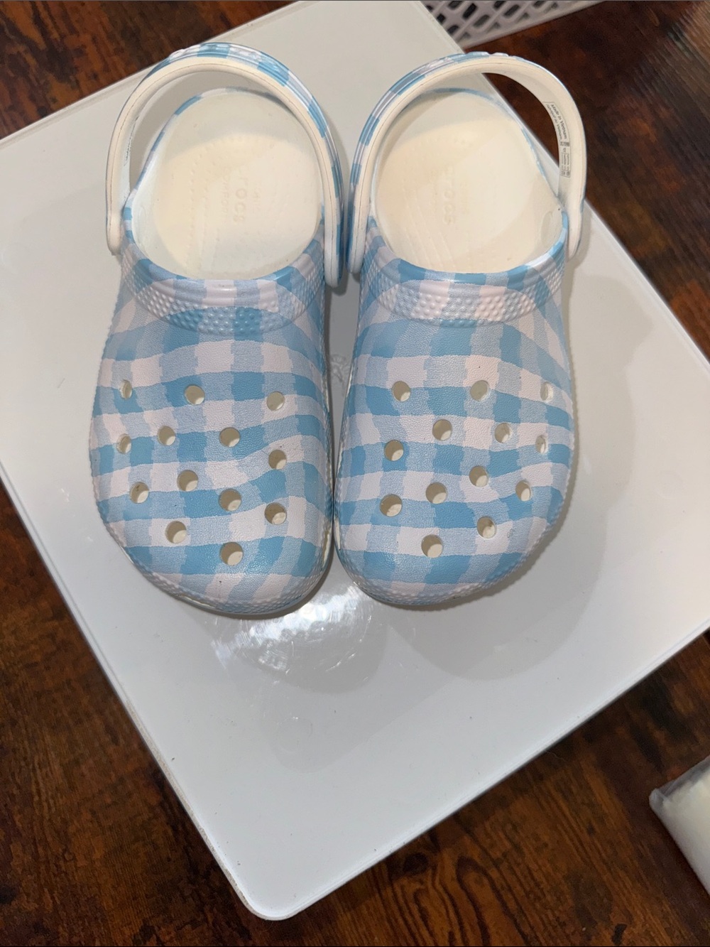 CROCS Kids Light Blue and White Gingham Clogs